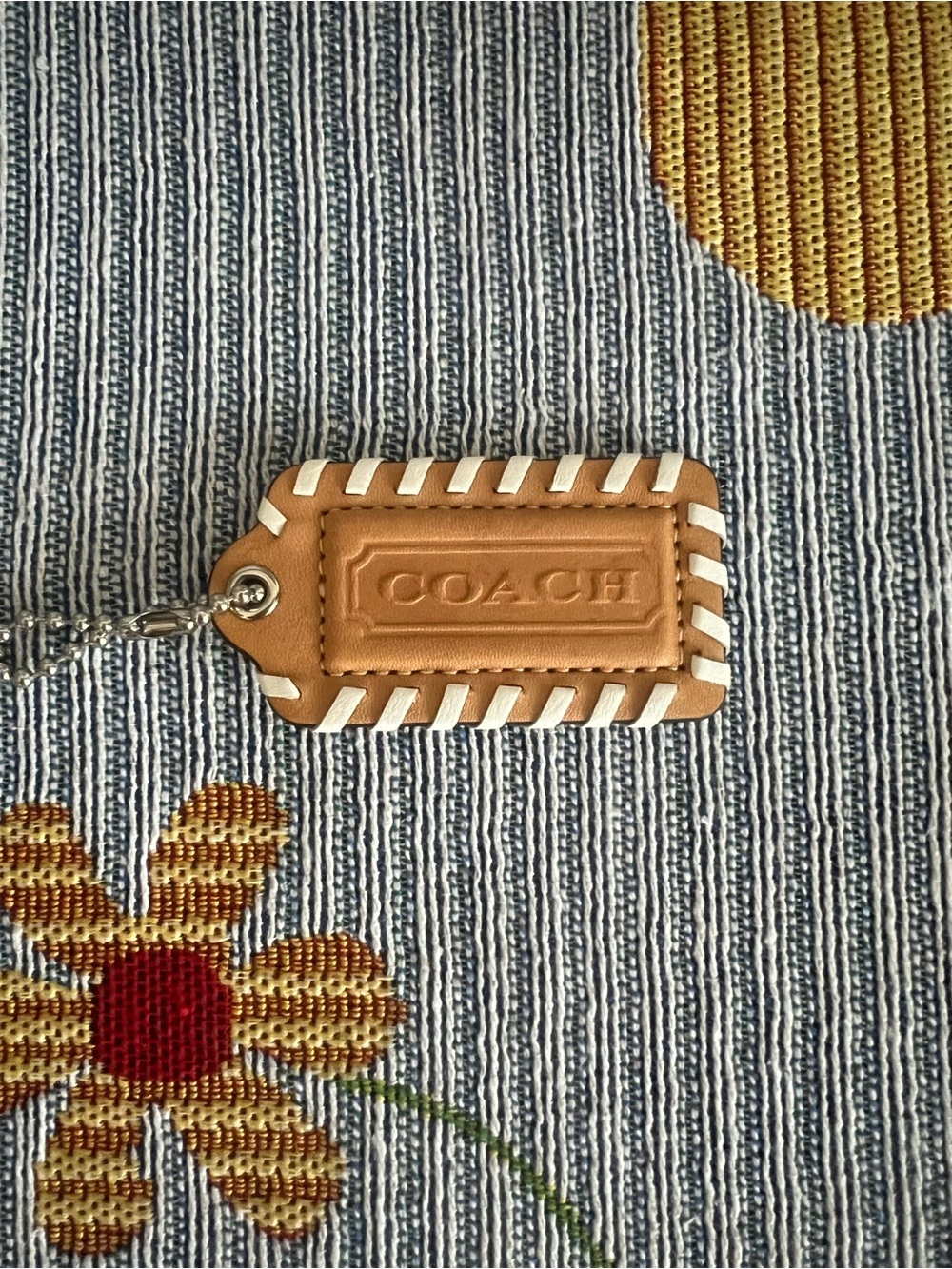 COACH RARE Tan Leather Keychain Tag with White Stitching